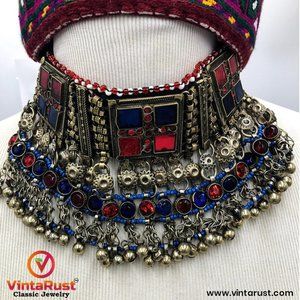 Afghan Tribal Vintage Statement Choker, Afghan Choker With Beads and Glass Stone
